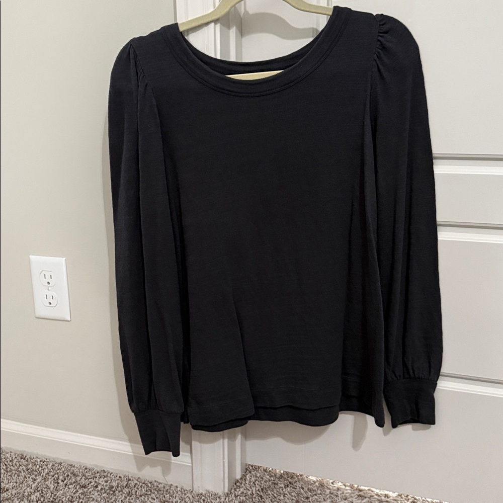 LOFT Black Long Sleeve Crewneck Top with Puff Shoulders